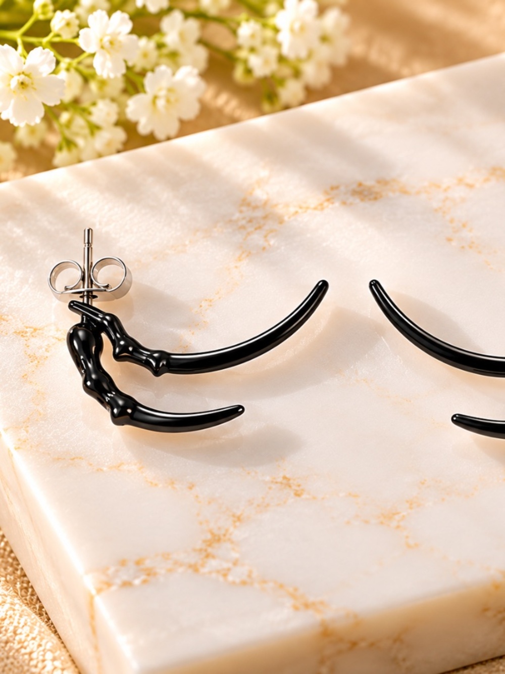Black Stainless Steel Horn Earrings